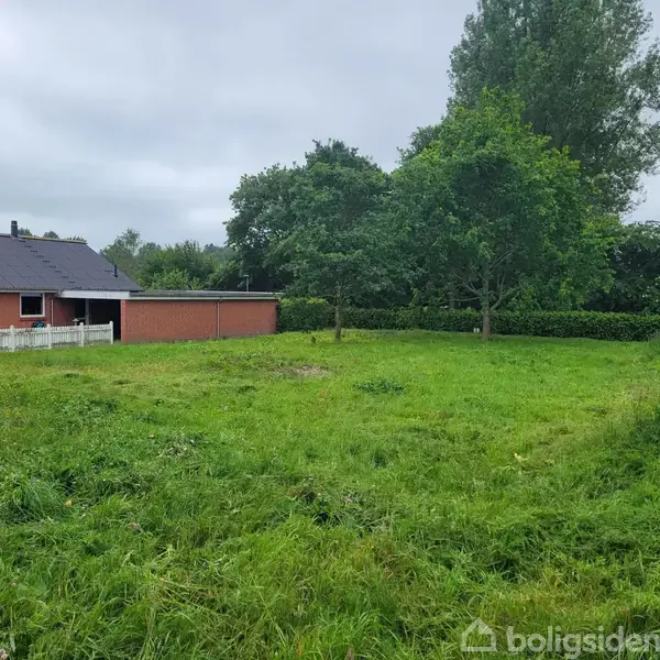 En græsplæne med et par træer står foran et rødt hus med sort tag. I baggrunden ses en hæk og flere træer, omgivet af en overskyet himmel.