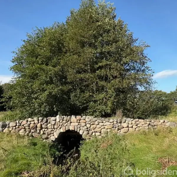 En stenbro strækker sig over en lille bæk, omgivet af frodigt græs. Bag broen står et stort, grønt træ under en blå himmel.