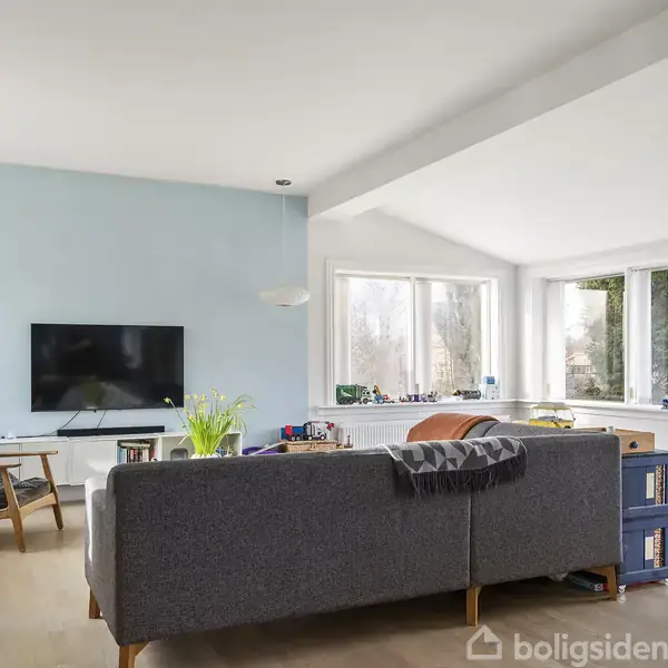 Stue med grå sofa står foran en vægmonteret fladskærms-tv, med lyseblå væg som baggrund. Store vinduer lukker naturligt lys ind, og et grønt tæppe ligger nær ved.