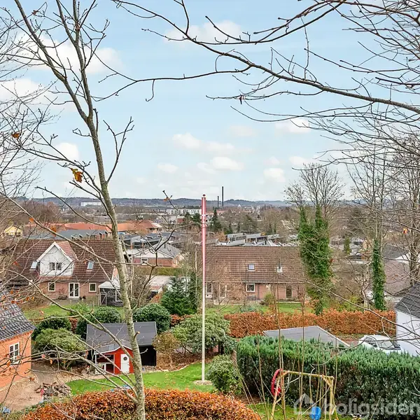 Træer med nøgne grene står forrest, mens en lille landsby med huse og haver breder sig i baggrunden under en let overskyet himmel.