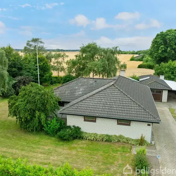 Et enfamiliehus med grå taget står stille omgivet af en velplejet have med træer og grønne buske. En brolagt indkørsel fører til en garage på højre side.