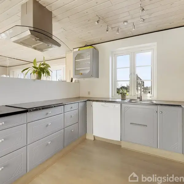Et moderne køkken med grå skabe og en ovn. Skabe er åbne, og der står en plante ved det store vindue, der lader naturligt lys strømme ind.