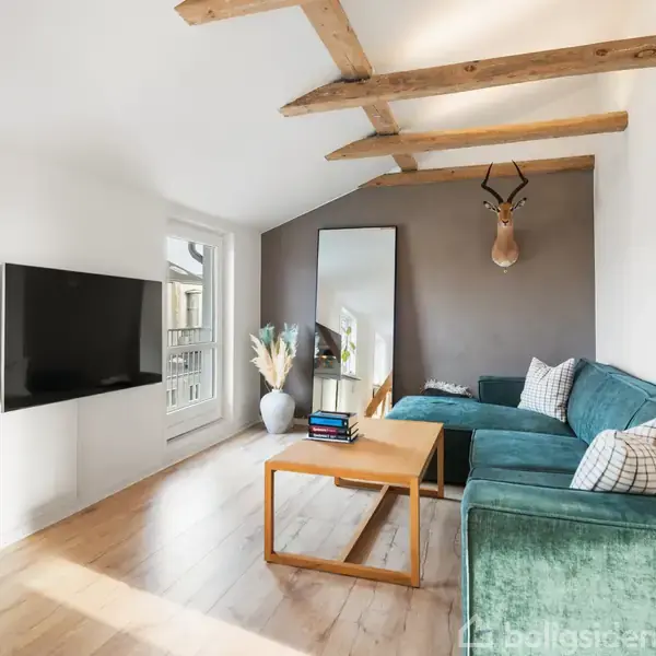 Stor, grøn sofa står i en lys stue med træbjælker i loftet. Et hjortehoved pynter væggen. Fladskærms-TV er vægmonteret. Planter og træbord tilføjer detaljer.