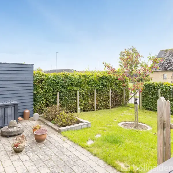 En flisebelagt terrasse med krukker og en trækiste. En lille græsplæne med et ungt træ omgivet af en hæk. Et træhegn markerer en adskillelse.