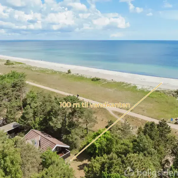 Hus i skovområde tæt på strand; teksten siger "100 m til vandkanten" og viser afstanden fra huset til stranden. Skoven omringer huset med en sti mod stranden.