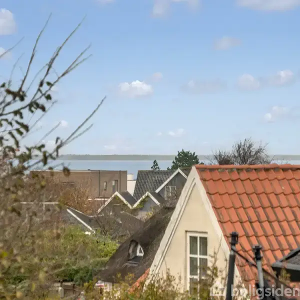 Huse med røde og sorte tage står tæt sammen, set fra en have med grene i forgrunden, med udsigt til havet i baggrunden under en blå himmel med spredte skyer.