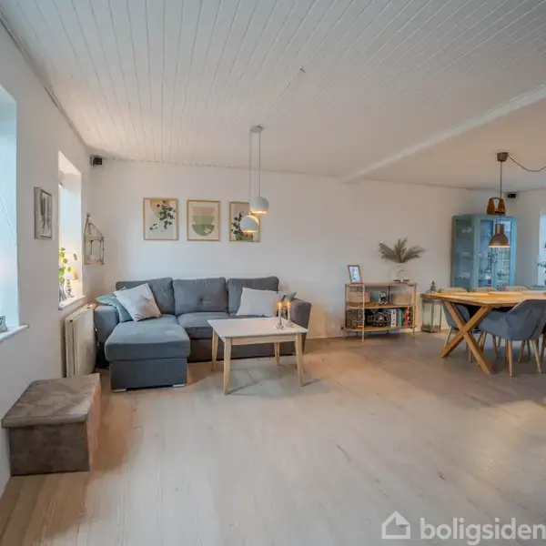 En grå sofa står i en lys stue, omgivet af planter og vægkunst. Et træbord står foran sofaen. I baggrunden ses et spisebord med stole under moderne lamper.