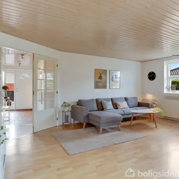 Grå sofa står i en stue med lyst trægulv og træloft. En lampe og planter pryder rummet, mens lys strømmer ind fra et stort vindue.