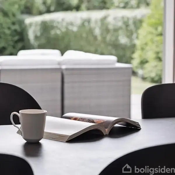 En kop står ved siden af en åben bog på et mørkt bord i et moderne rum. Udenfor ses hække og loungemøbler i et grønt haveområde.