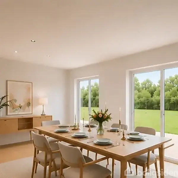 Spisebord er dækket med tallerkener og glas, omgivet af lyse stole. En vase med blomster står i midten. Store vinduer åbner ud til en grøn have med træer.