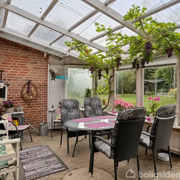 En overdækket terrasse med bord og seks stole, omgivet af murstensvægge og glasvægge. Vinstokke hænger fra loftet. Udenfor ses en grøn have med et skur.