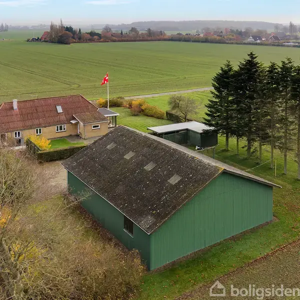 En stor grøn lade står stille ved siden af en landlig bolig med rødt tag, omgivet af marker og træer. En dansk flagstang ses i nærheden.