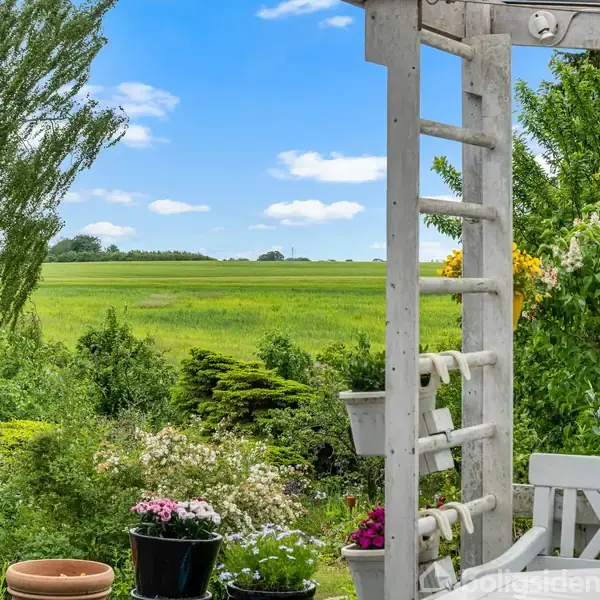 Hvid træpergola står i en have med blomster og planter, med udsigt til en grøn mark og blå himmel i baggrunden.