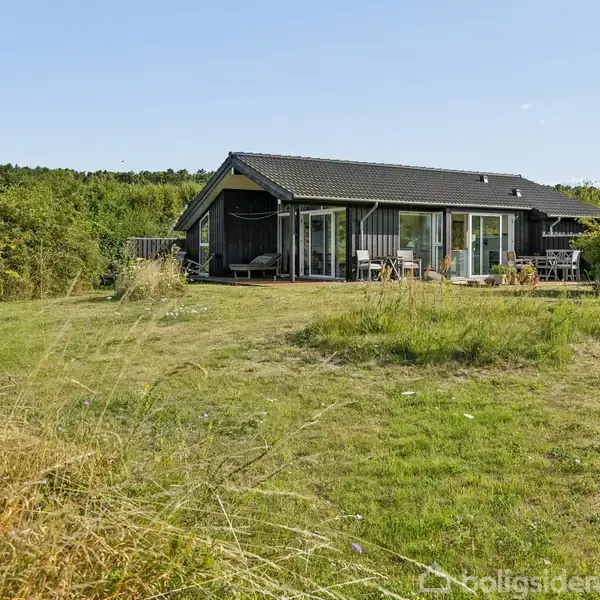Et sort træhus står stille på en græsplæne omgivet af lav vegetation og buske. Huset har en terrasse med havemøbler og store glasdøre, der åbner ud mod haven.