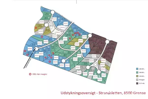 Kort viser udstykningsoversigt over Strandisletten i 8500 Grenaa, opdelt i farvekodede parceller, med priser angivet fra 200.000,- til 600.000,-. Bemærkning: "OBS: Hjørner mangler".