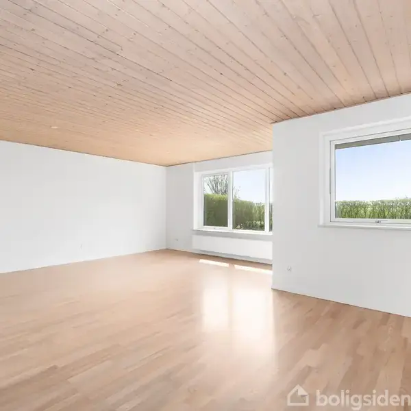 En tom stue med trægulv og lyst træloft. Store vinduer lader naturligt lys strømme ind, med udsigt til grønne buske udenfor. Væggene er hvide og rummet fremstår rummeligt.