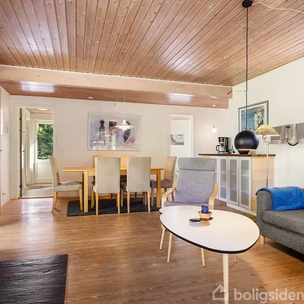 Brændeovn står i hjørnet og opvarmer stuen, hvor en grå sofa, lyseblå plæd og ovalt sofabord er placeret. Spisebord med seks stole ses i baggrunden.
