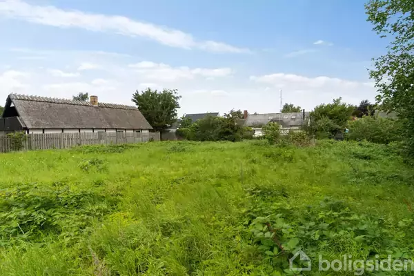 Et grønt område med højt græs strækker sig, mens en traditionel stråtækt bygning står til venstre. Omgivelserne inkluderer flere træer og en blå himmel med få skyer.