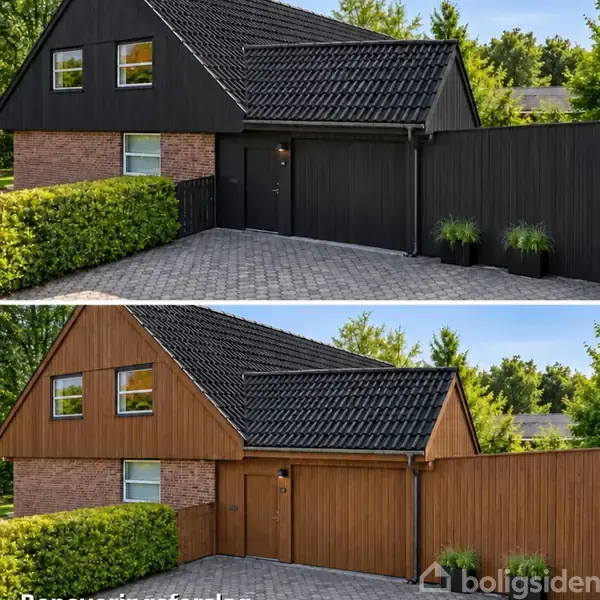 Øverst ses en husfacade med sort træbeklædning og en brolagt indkørsel omgivet af bøgehæk og krukker. Nederst vises træbeklædt gavl med vinduer, omgivet af grønt løv.