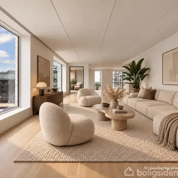 Stue med moderne møbler, herunder en beige sofa og runde lænestole, står på et tæppe. Et stort vindue lader lys strømme ind, og der ses byudsigt udenfor.