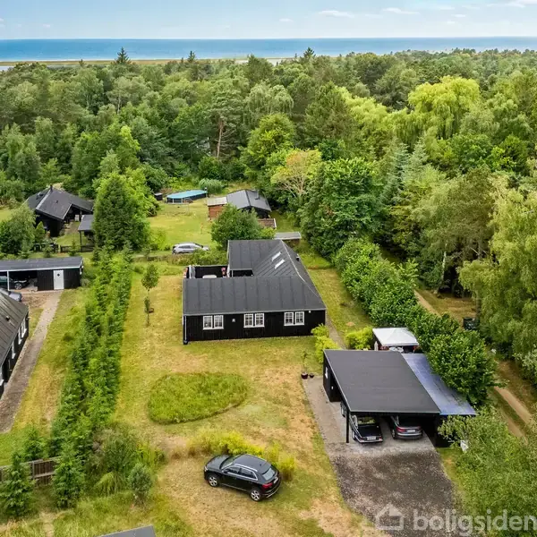 Et sort hus med carport står stillet på en grøn grund. Bilen er parkeret foran huset. Omkring er der skov og flere lignende huse, med havet synligt i baggrunden.