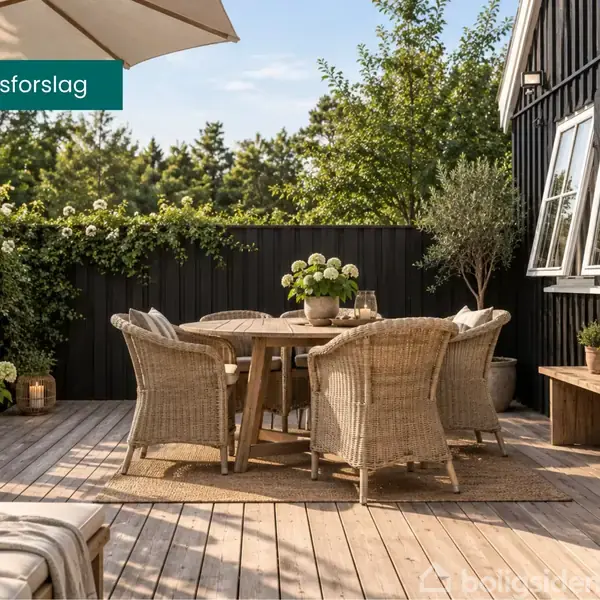 Rundt havebord med kurvestole står på terrasse, omgivet af grønne planter, under en parasol. Tekst: "Indretningsforslag". Sollys skaber en hyggelig atmosfære nær sort træhus.