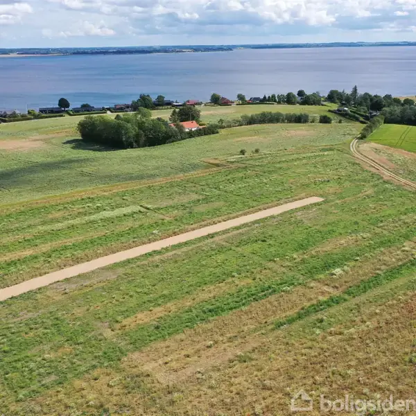 Grønne marker strækker sig ud mod en fjord i baggrunden, med et par bygninger omgivet af træer i nærheden. Markveje skærer gennem landskabet, under en delvist skyet himmel.
