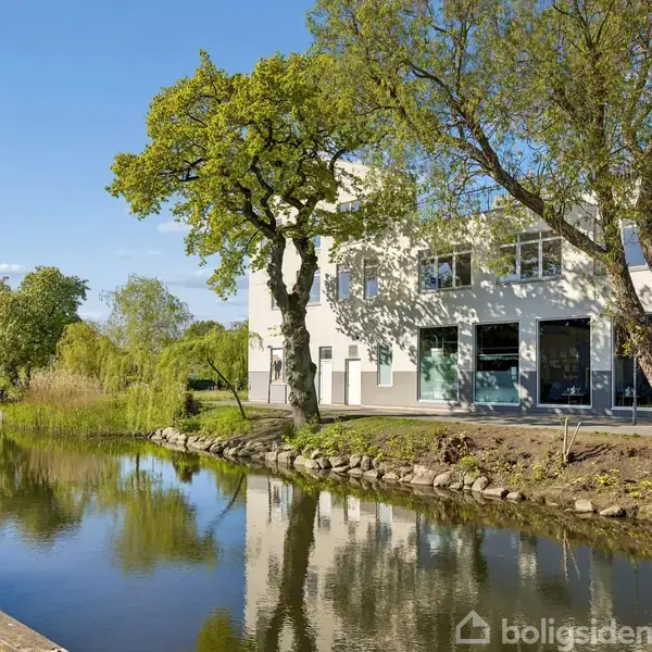 En moderne bygning står ved siden af en stille å, omgivet af grønne træer under en klar blå himmel, skaber en fredfyldt og naturskøn atmosfære.