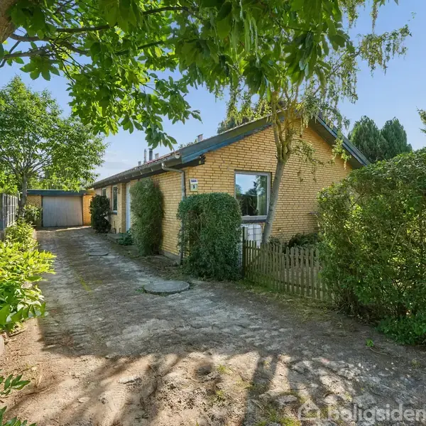 Et gult murstenshus med vildtvoksende buske, beliggende langs en grussti. Huset er omgivet af en frodig have med træer og buske, der giver et grønt, skyggefuldt miljø.
