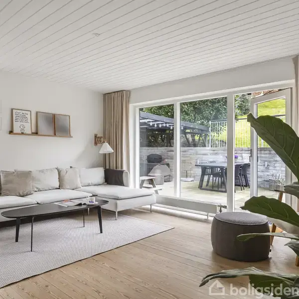 Stue med en hvid sofa og sofabord på et tæppe, vendt mod glasdøre, der fører ud til en terrasse med spisebordsstole. Grøn plante i hjørnet supplerer det lyse rum.