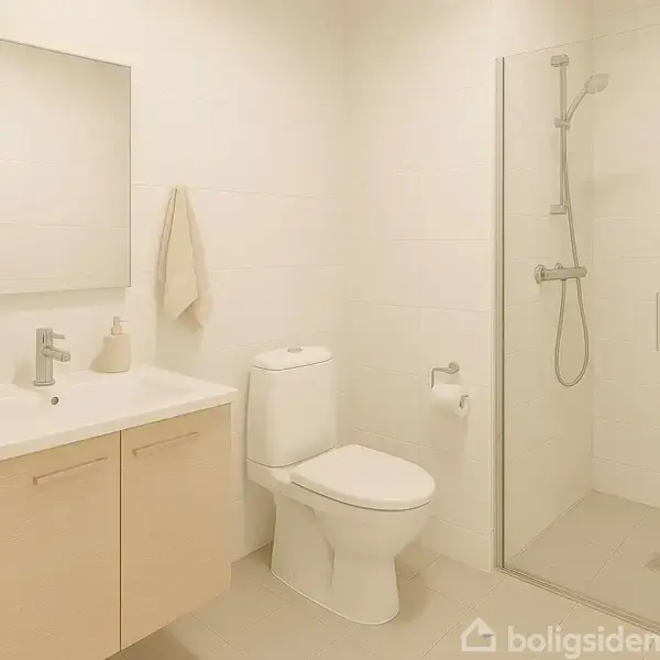 Badeværelse med håndvask, spejl og grøn plante til venstre. Toilet står ved siden af en bruser i en glaskabine til højre. Væggene er hvide, og gulvet er lysegråt.