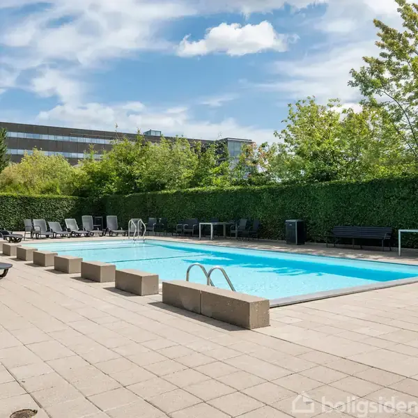 En rektangulær swimmingpool omgivet af fliser med liggestole og borde omkring. Den er placeret i en udendørs have med grønne hække, træer og en bygning i baggrunden.