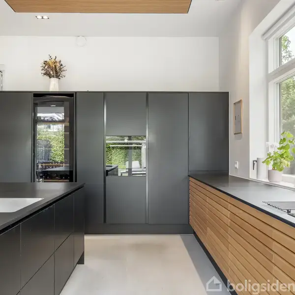 Køkken med moderne sorte skabe, håndvask med gyldent armatur og indbyggede apparater. Store vinduer giver udsigt til en grøn have. Planter står på bordet ved vinduet.