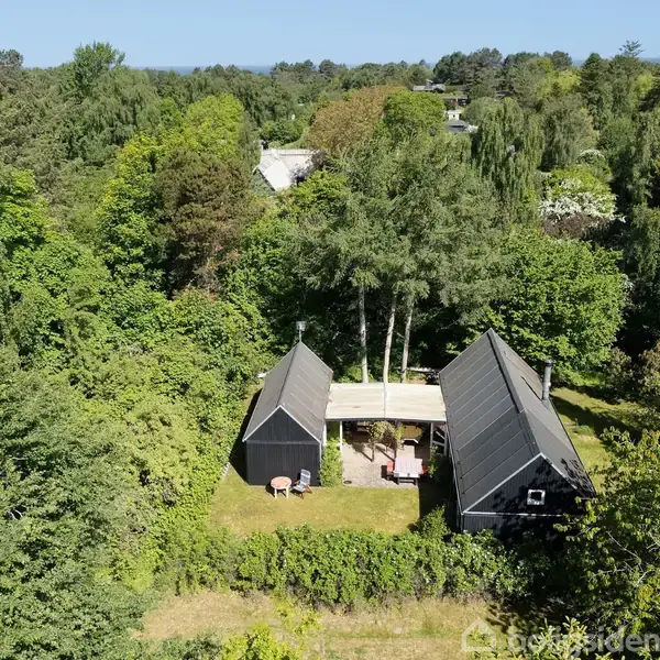 To sorte bygninger med spidse tage står med veranda imellem i en frodig, grøn skov. To stole er synlige ved siden af. Bakker og flere træer omgiver området.