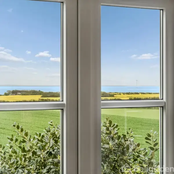 Et vindue med udsigt over et grønt felt, gule marker og en blå, skyfri himmel over en horisont med vand.