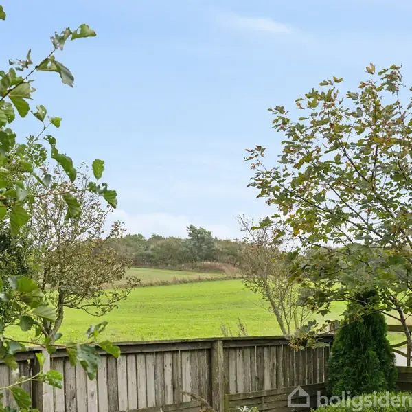 Træer og buske står stille i en have med et træhegn i forgrunden; grønne marker og en blå himmel dominerer baggrunden.