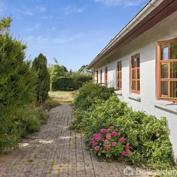 Hvid husvæg med brune vinduer flankeres af en brolagt sti og frodig have med grønne buske og blomstrende hortensia. Klar blå himmel over en velplejet have i baggrunden.