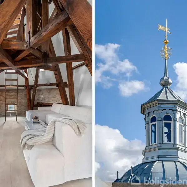 Et loftsrum med synlige træbjælker og en hvid sofa står i kontrast til tårnet med en vindfløj, omgivet af blå himmel og skyer.