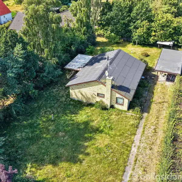 Et ældre, gult murstenshus med sort tag står i en frodig have. Træer omgiver huset, mens en grussti fører op til indgangen. Ingen tekst er synlig.
