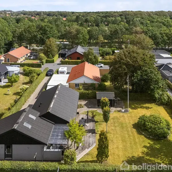 Hus med sort tag ligger i en grøn have med hæk og træer. Flere huse ses i området, omgivet af græsplæner og bevoksning. Veje forbinder dem i et naturskønt nabolag.