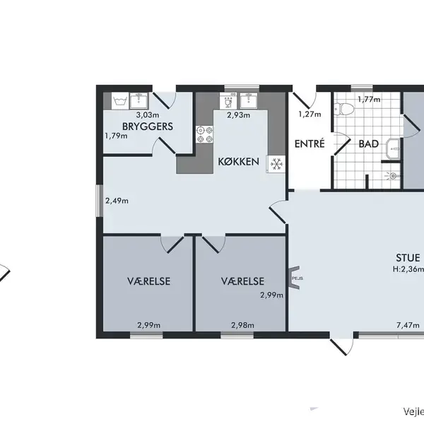 Plantegning viser et hus med stue, bad, køkken, bryggers, entre og tre værelser. Der er også en carport og et skur udenfor. Tekst: "Vejledende plantegning uden målestok".