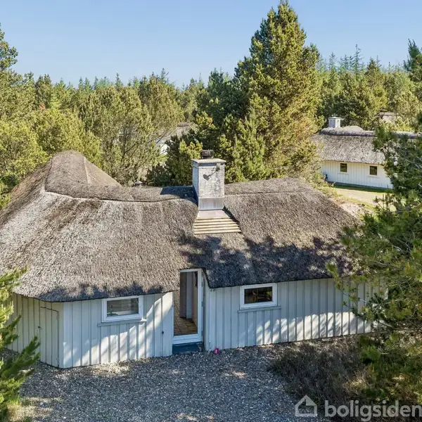 Et stråtækt hus står omgivet af mange træer i et skovområde. Huset har en lys facade og en synlig skorsten. En hvid dør er åben mod huset.