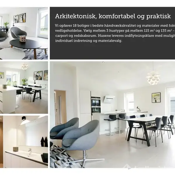 Elegant, lyst interiør præsenterer moderne spisestue med grå stole og hvidt bord under unik lampe. Køkken med ø og stilrene hvide møbler. Tekst: "Arkitektonisk, komfortabel og praktisk... muligheden for individuel indretning og materialevalg."
