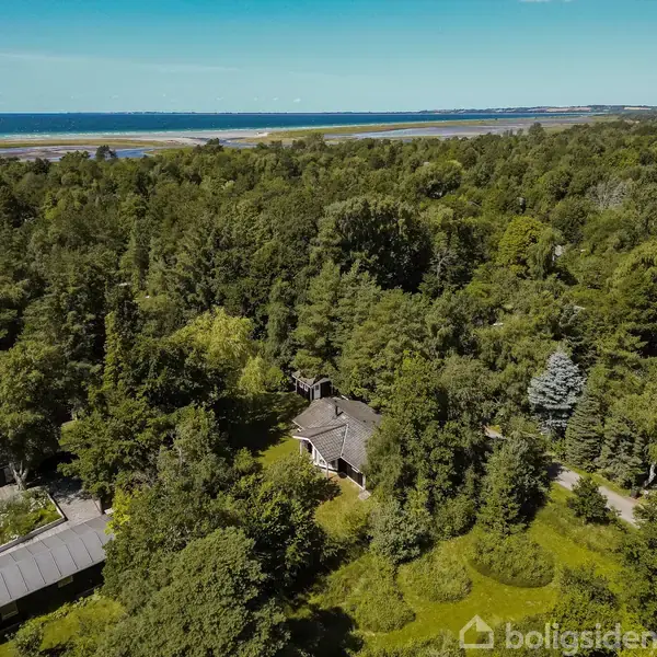 Et hus ligger stille omgivet af tæt skovbevoksning. I baggrunden ses en strand og havet under en blå himmel, hvilket giver indtryk af en sommerdag ved kysten.