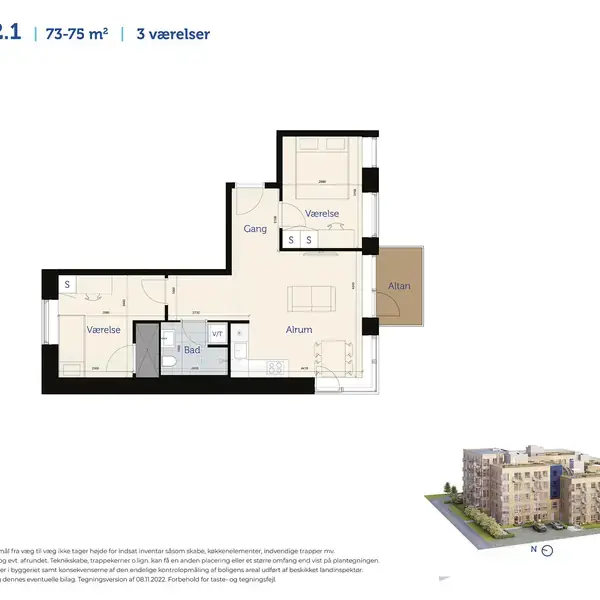 En plantegning viser Boligtype B2.1 med 73-75 m² og 3 værelser. Tegningen inkluderer rummene entré, gang, værelse, alrum, køkken, bad, og altan. Nedenfor vises en bygning illustreret som 3D-model. Tekst: "Arresøhave".