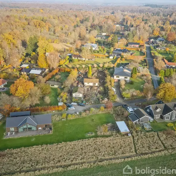 Luftfoto af et landdistrikt, hvor flere husbygninger er omgivet af træer i efterårsfarver. En vej løber gennem området, der er omgivet af skov og marker.