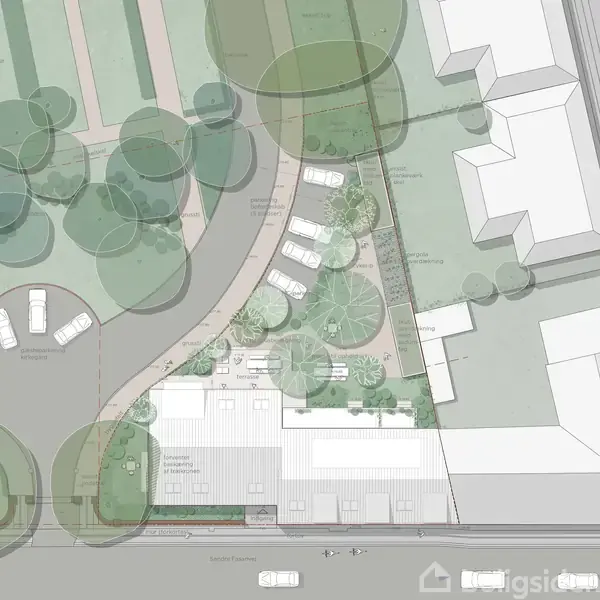Kort over et boligområde viser bygninger omgivet af grønne områder og biler parkeret langs veje. En vej fører mellem træer og parkeringspladser, der markerer strukturer og områder.