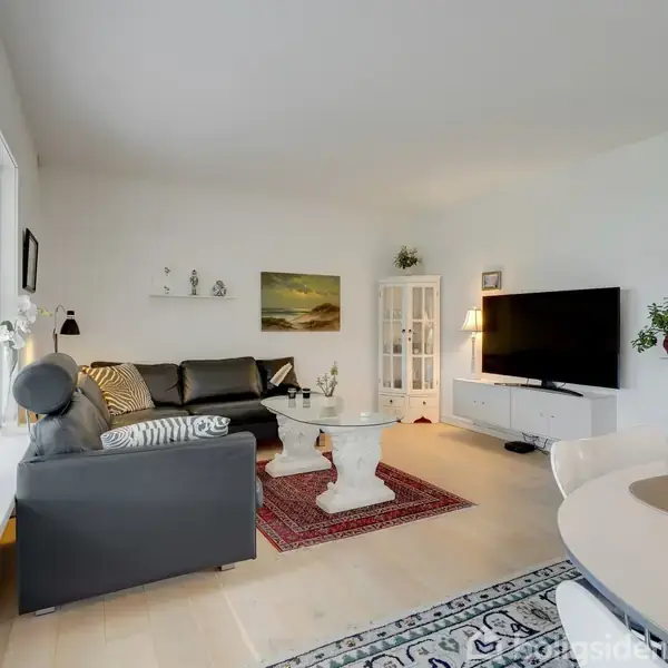 Stue med sort sofa, sofabord og tæppe. TV på hvidt skab. Store vinduer med planter. Spisebord i forgrunden med dækkeservietter. Lyse vægge og trægulv skaber en lys atmosfære.