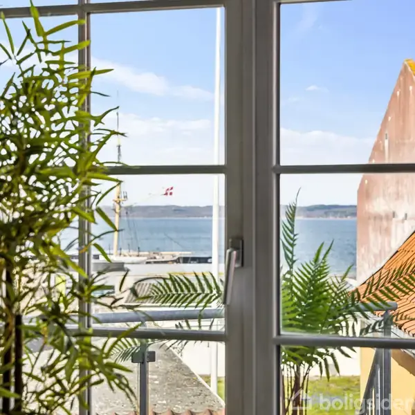 Et vindue viser udsigt over havet med en båd med dansk flag i baggrunden. Foran vinduet står grønne planter, der tilføjer frodighed til rummet.