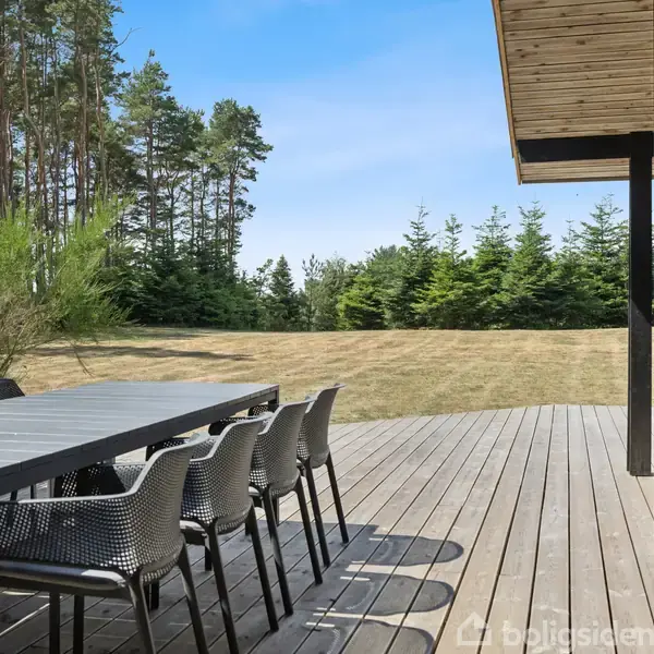 En sort terrasse med et langt bord og otte stole står tom. Omgivet af grønne buske og græsplæne, med en skov i baggrunden. Det er solskin og klart vejr.